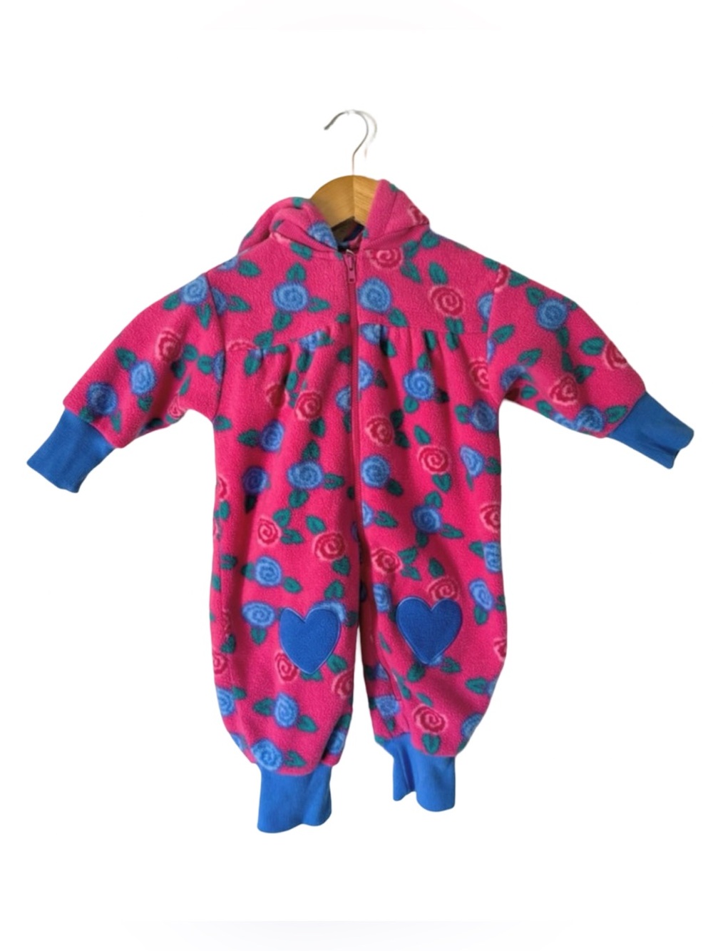 Vintage 90s Gymboree Winter Rose Fleece Hooded Jumpsuit Pink Blue roses